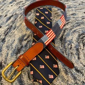 Needlepoint belt and silk tie set. American flag